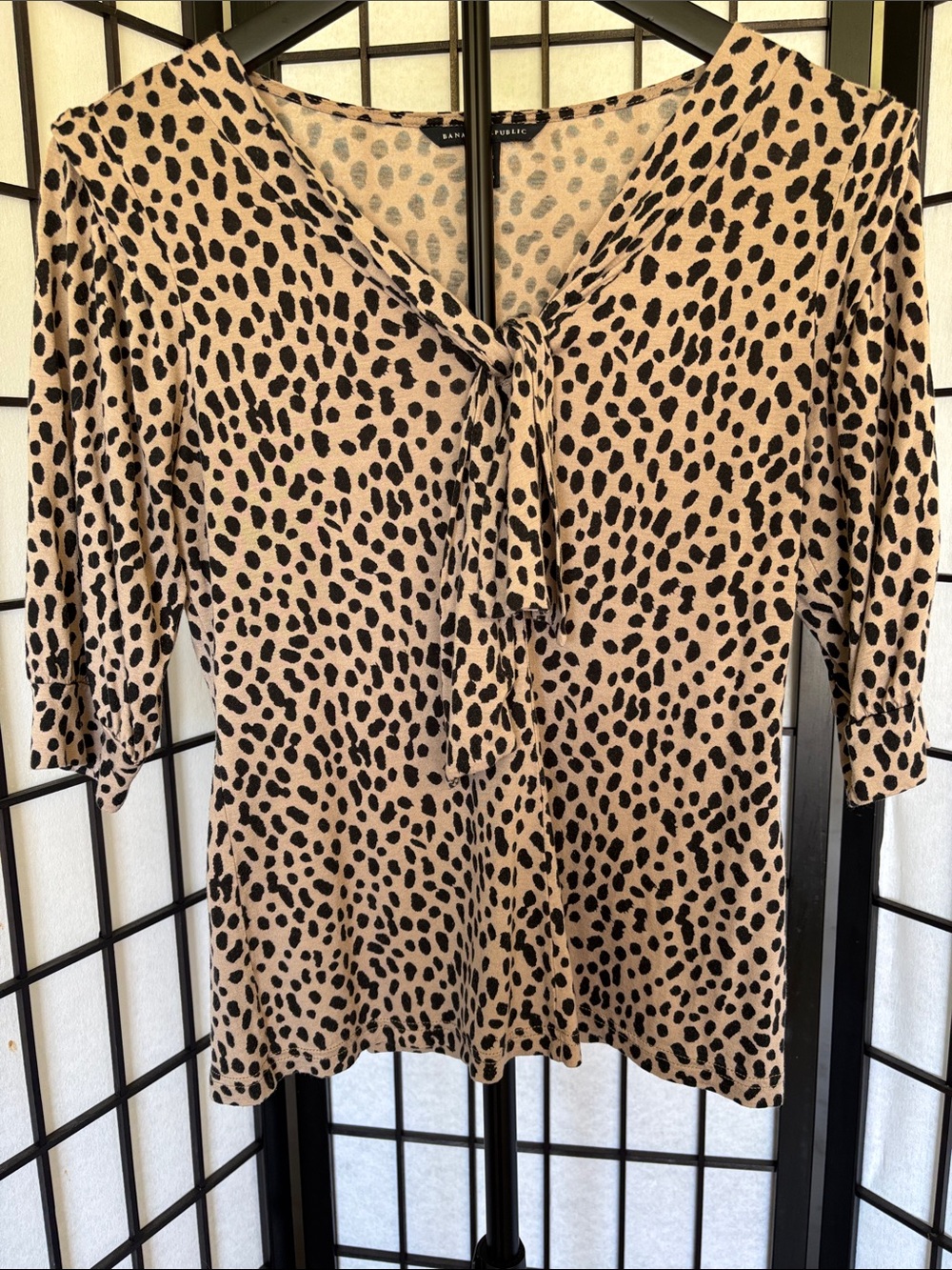 Banana Republic Petite M Leopard Tie Neck Blouson Elbow Sleeve Top